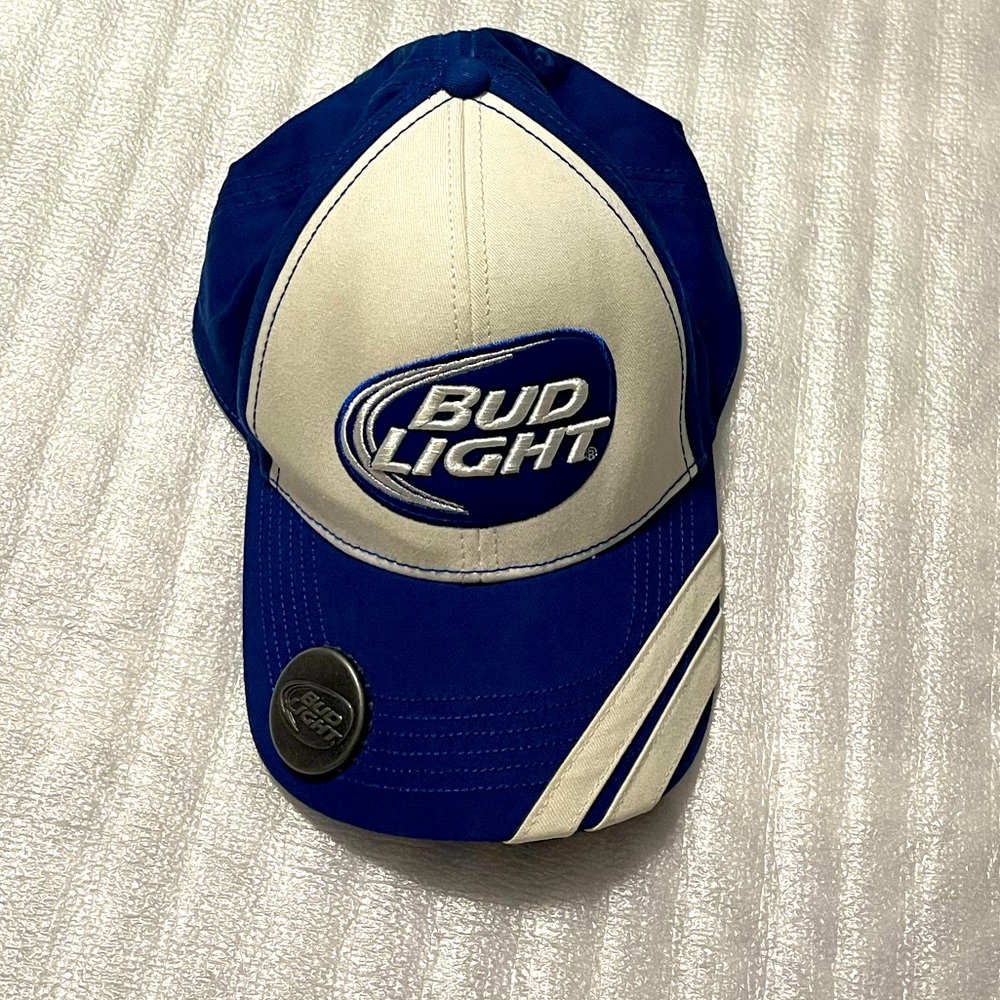 Adjustable Size Bud Light Cap with Bottle Opener Royal Blue And White